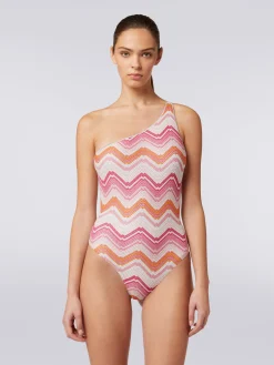 Costume intero monospalla in crochet chevron con lurex