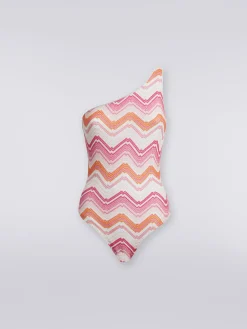 Costume intero monospalla in crochet chevron con lurex