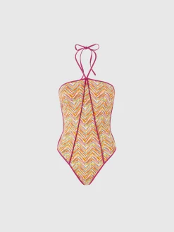 Costume intero reversibile con stampa e profili a contrasto