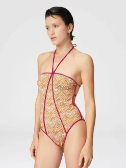 Costume intero reversibile con stampa e profili a contrasto