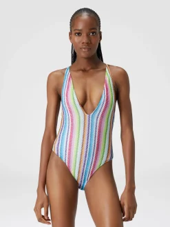 Costume intero stampa zig zag con scollatura a V