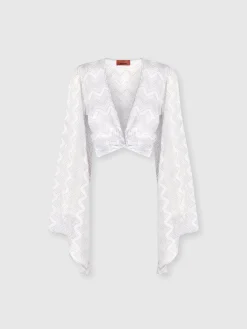 Crop top con maniche ampie e nodo frontale in viscosa zig zag lamé