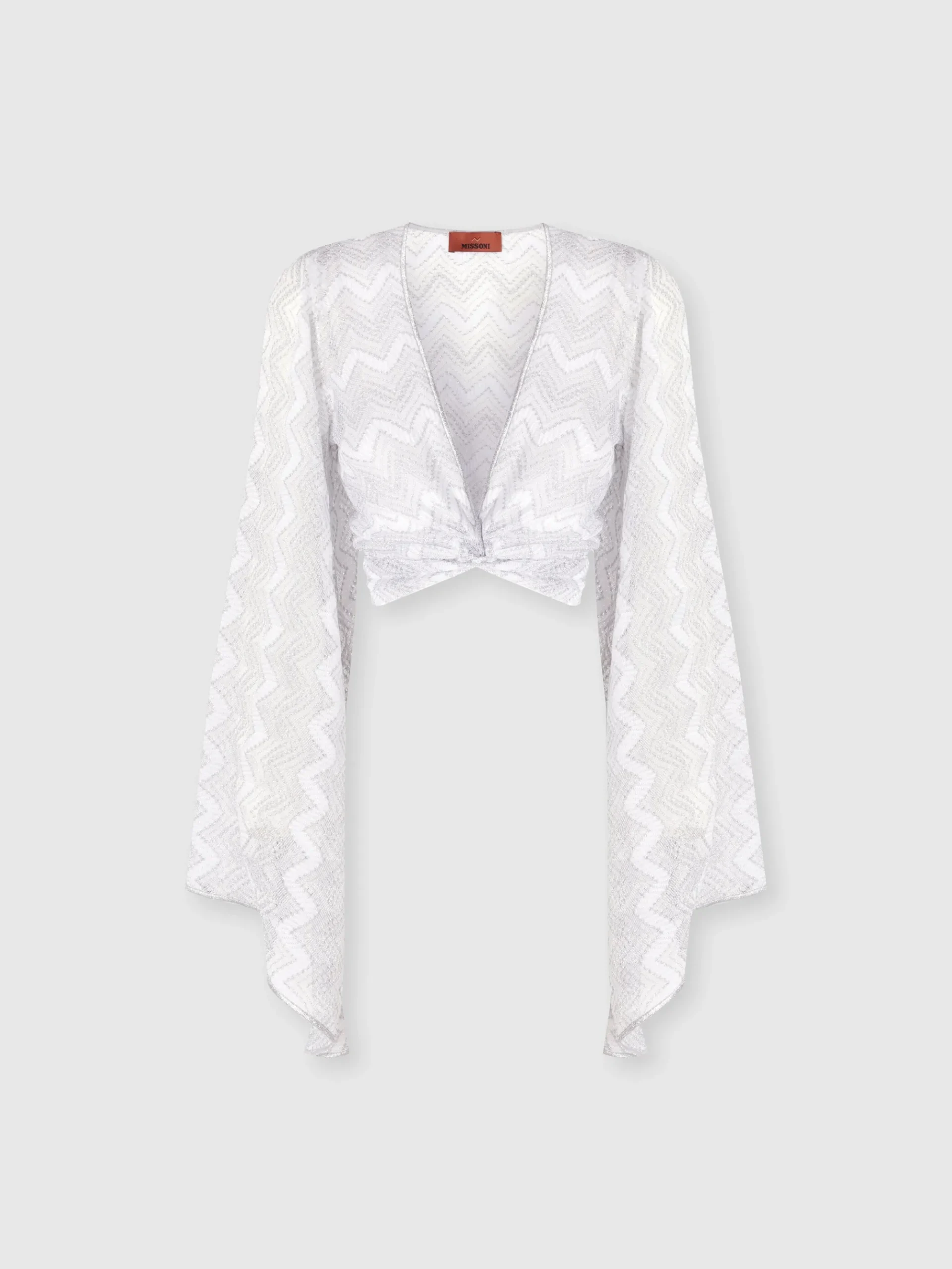 Crop top con maniche ampie e nodo frontale in viscosa zig zag lamé