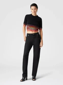 Crop top girocollo in cachemire fiammato dégradé a maniche corte