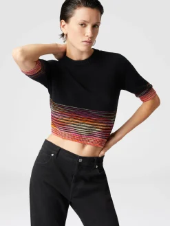 Crop top girocollo in cachemire fiammato dégradé a maniche corte