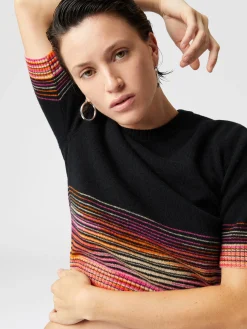 Crop top girocollo in cachemire fiammato dégradé a maniche corte