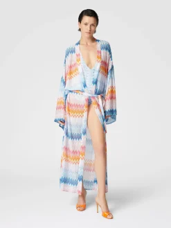 Kimono copricostume in misto viscosa zig zag lamé con cintura in vita