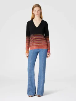 Maglia in cachemire fiammato dégradé con scollo a V