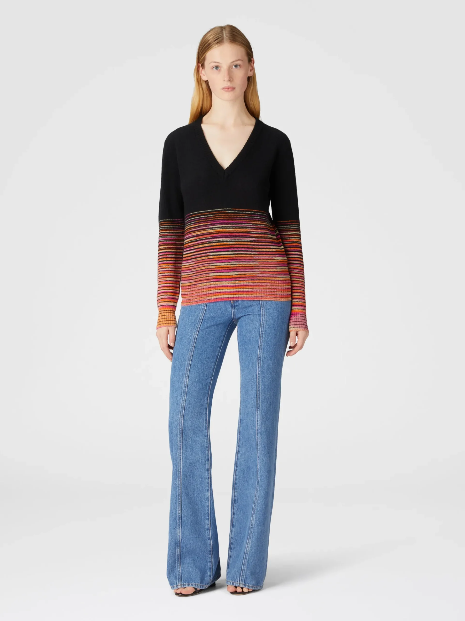 Maglia in cachemire fiammato dégradé con scollo a V