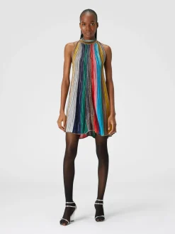 Mini-abito senza maniche in maglia plissée lamé