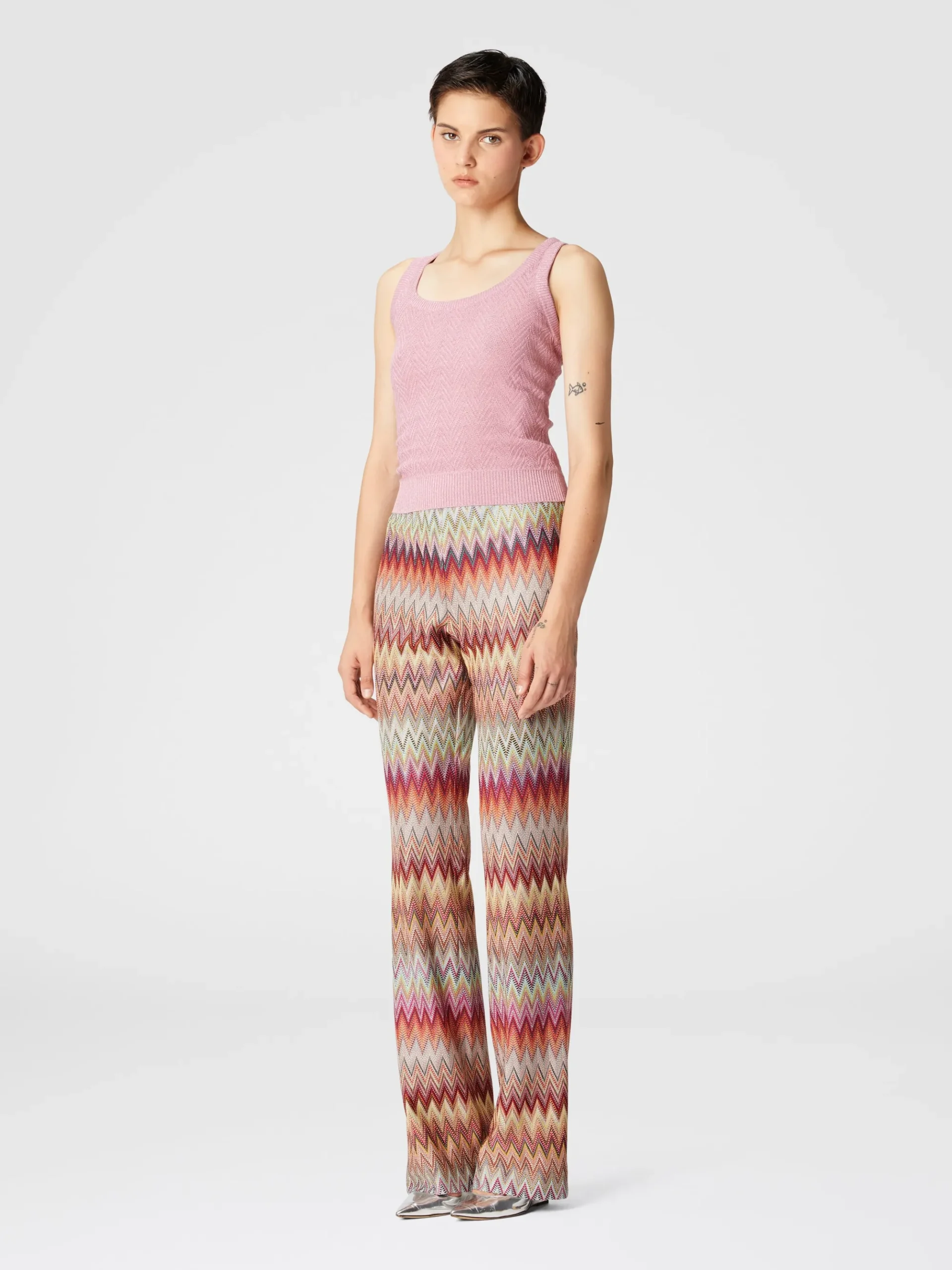 Pantalone svasato in pizzo di maglia zig zag