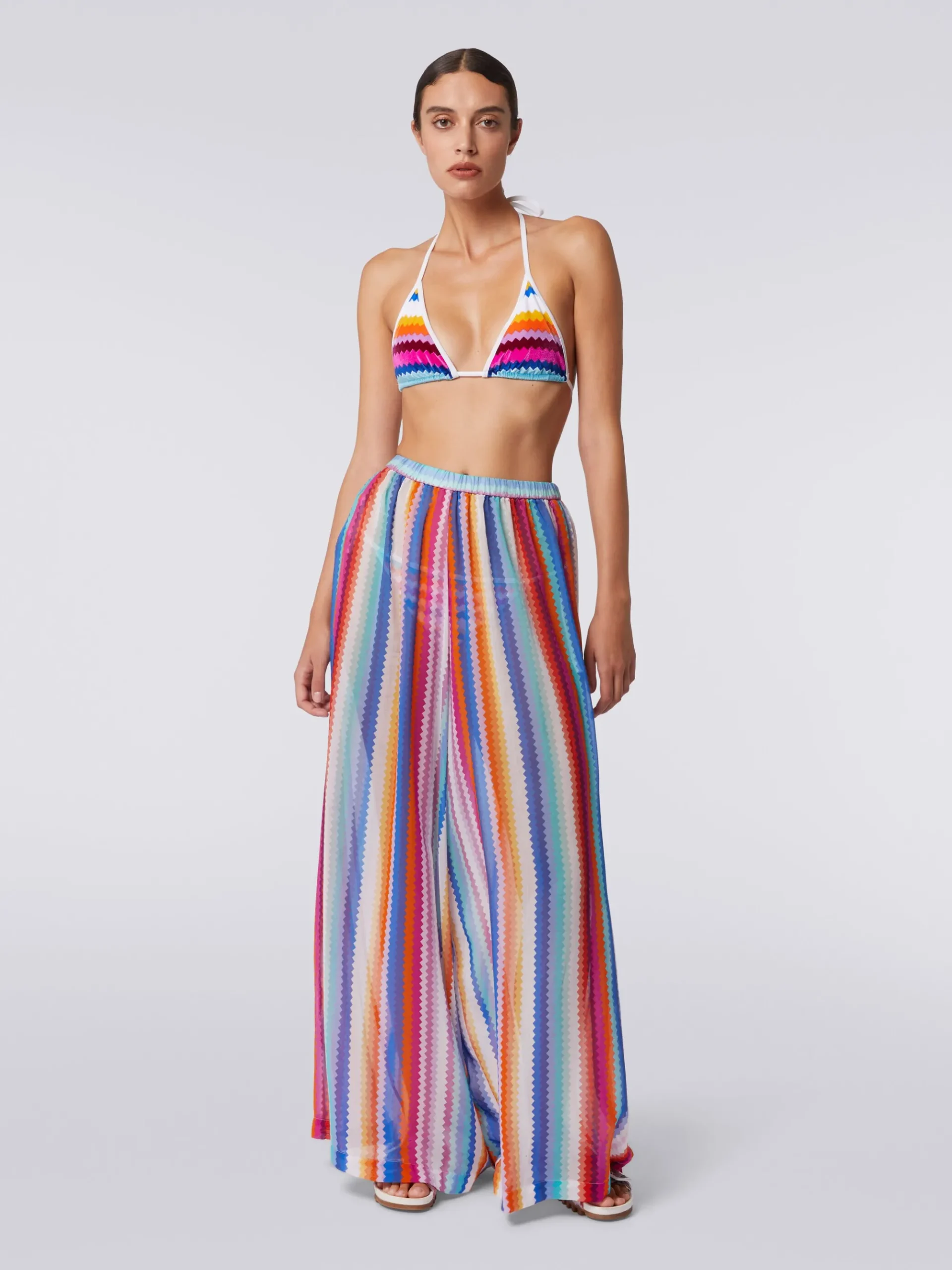 Pantaloni copricostume in cotone e seta zig zag