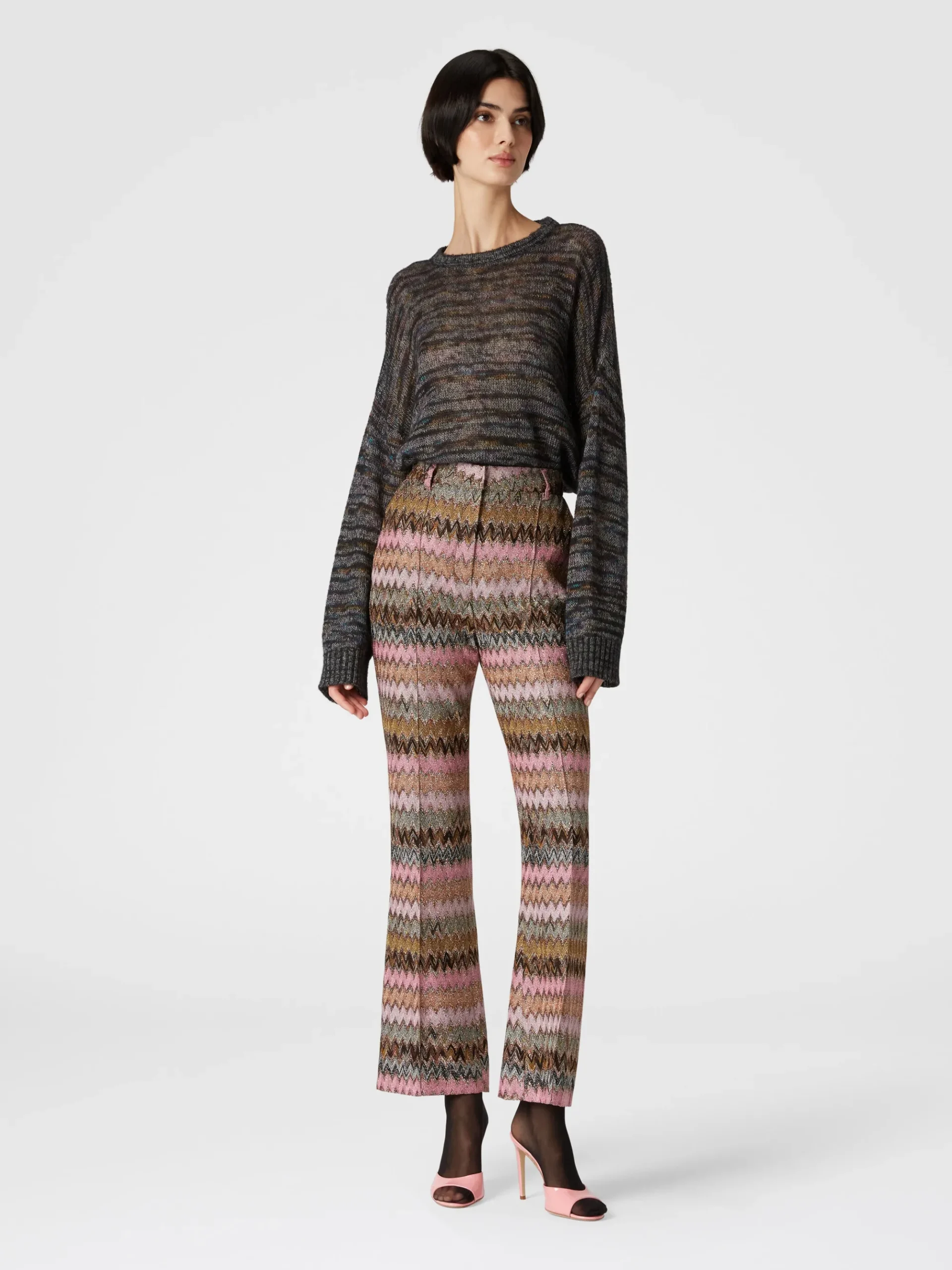 Pantaloni crop in misto viscosa zig zag lamé