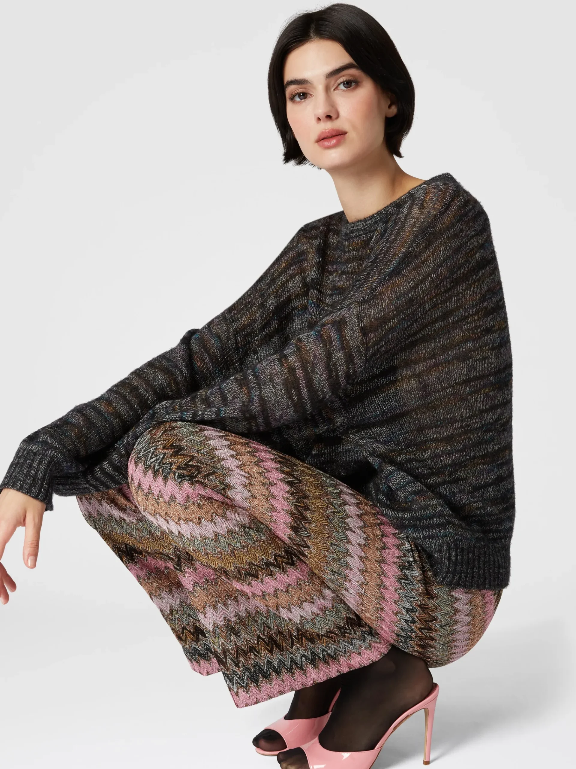 Pantaloni crop in misto viscosa zig zag lamé