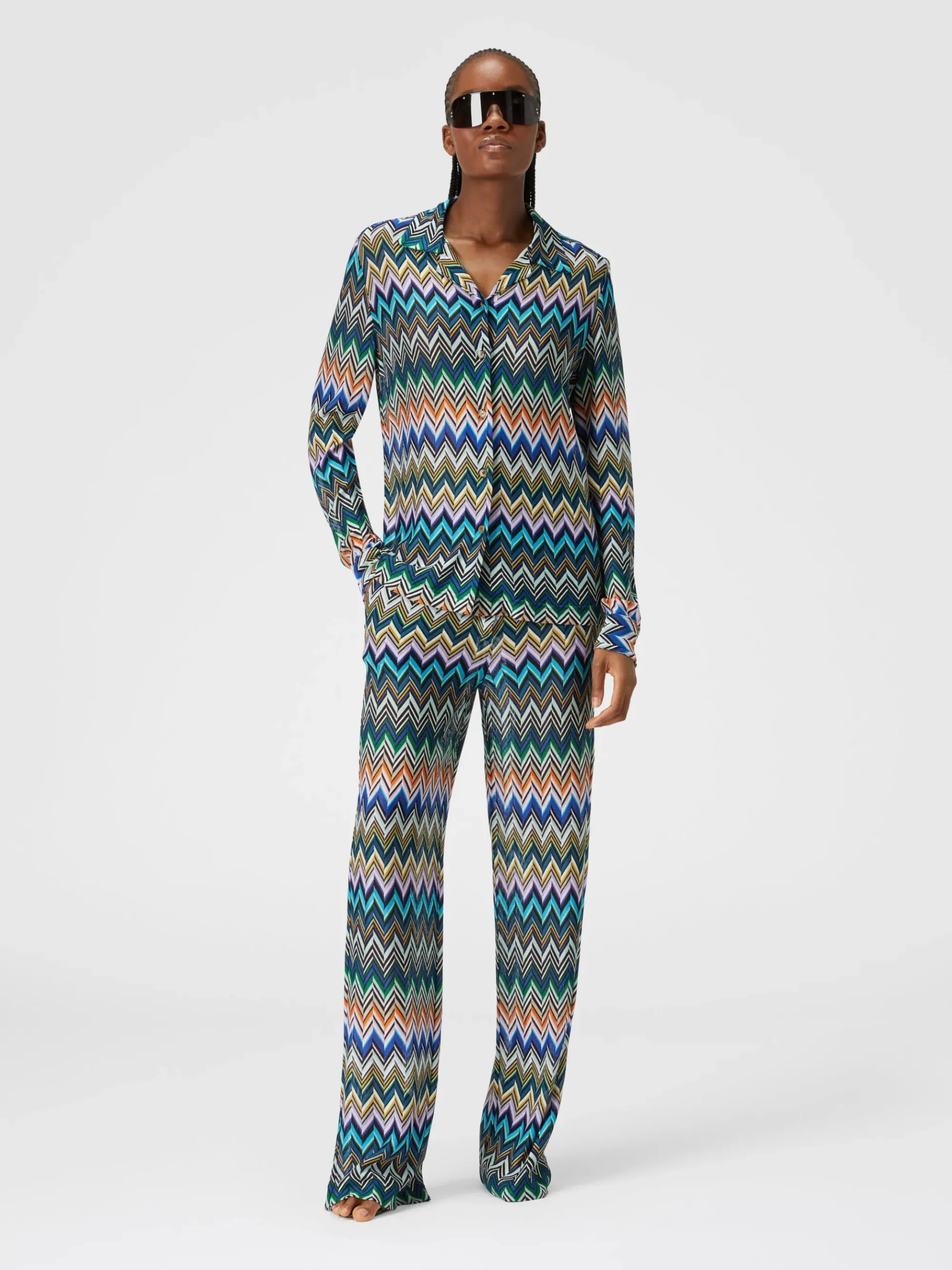 Pantaloni dritti in viscosa con zig zag sfalsato