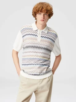 Polo in maglia di cotone zig zag con inserti tinta unita