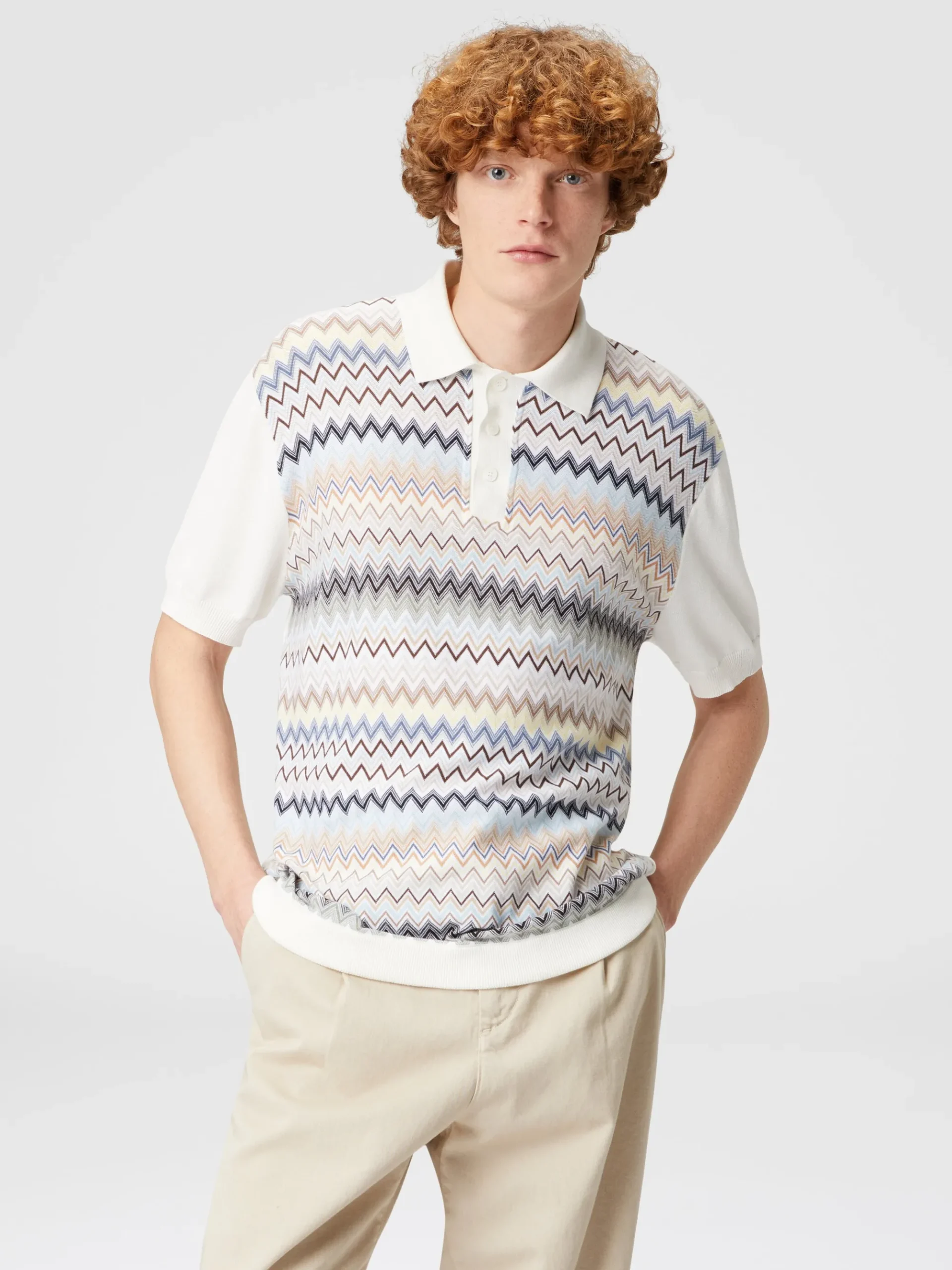 Polo in maglia di cotone zig zag con inserti tinta unita