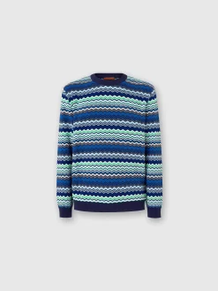 Pullover girocollo in cotone con micro zig zag e profili a contrasto