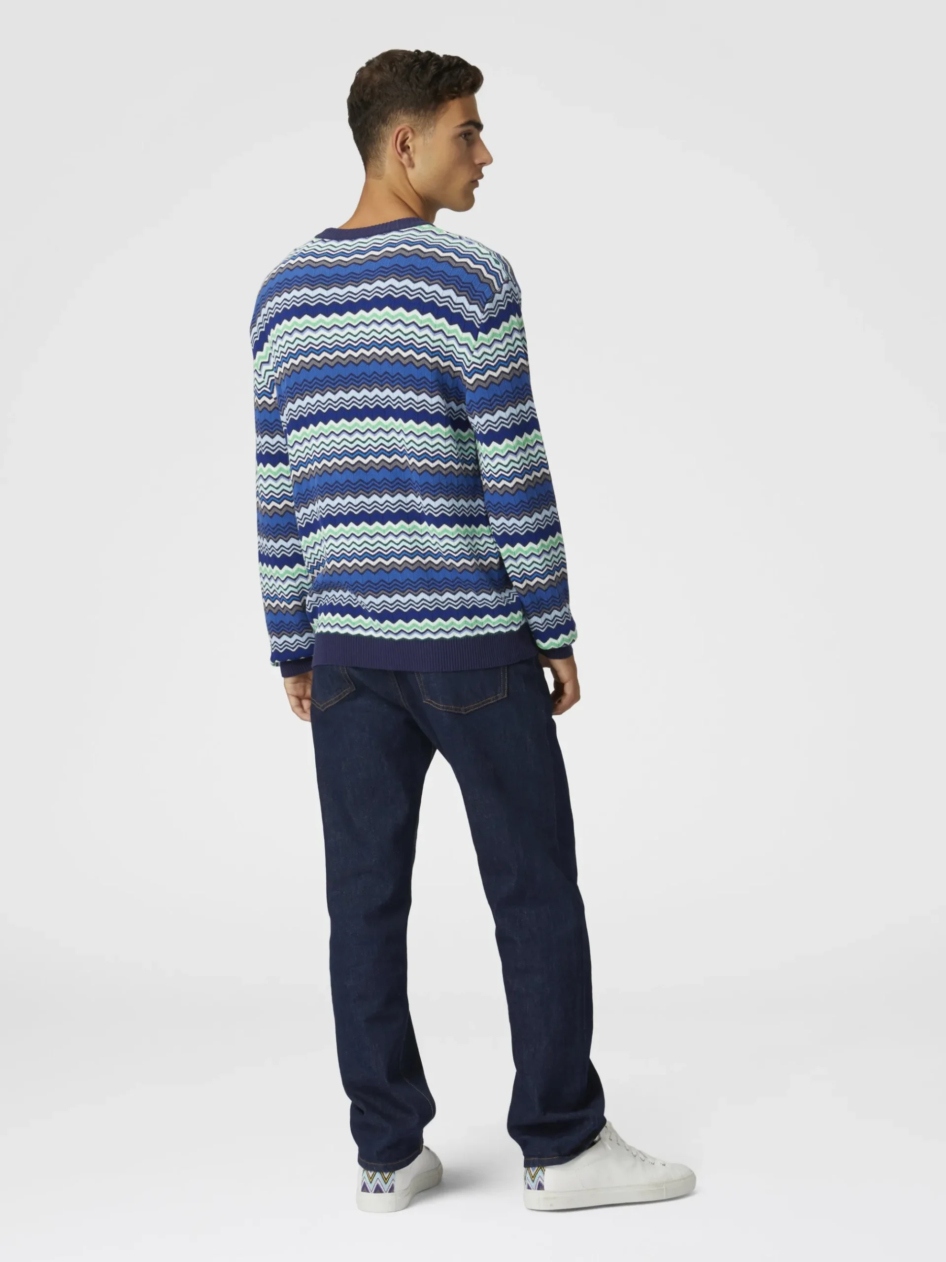 Pullover girocollo in cotone con micro zig zag e profili a contrasto