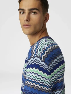 Pullover girocollo in cotone con micro zig zag e profili a contrasto
