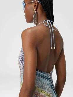Slip dress con laccetto sul collo e applicazioni in perle