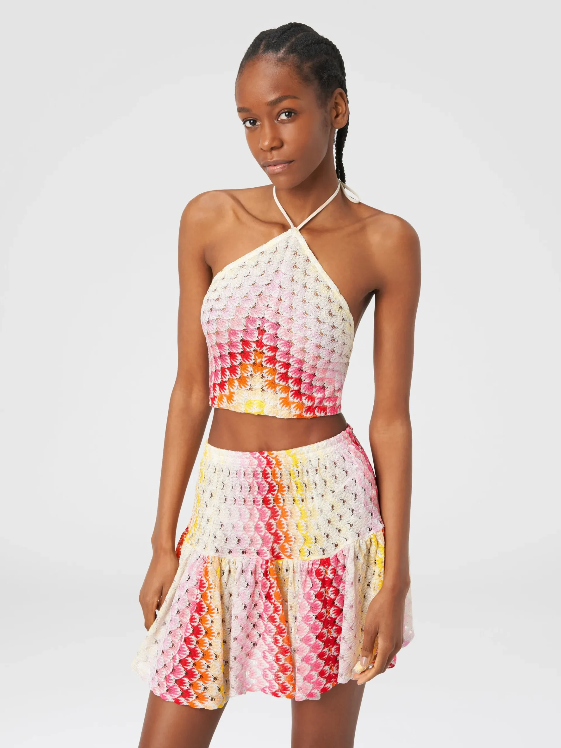 Top con scollatura all'americana effetto pizzo dégradé