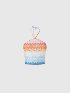 Top in misto viscosa zig zag lamé con scollo all'americana