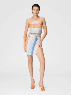 Top in misto viscosa zig zag lamé con scollo all'americana