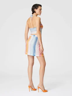 Top in misto viscosa zig zag lamé con scollo all'americana