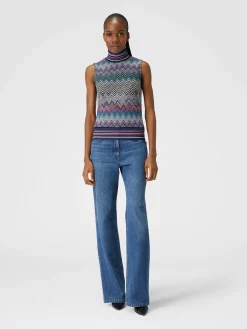 Top senza maniche a collo alto in lana zig zag