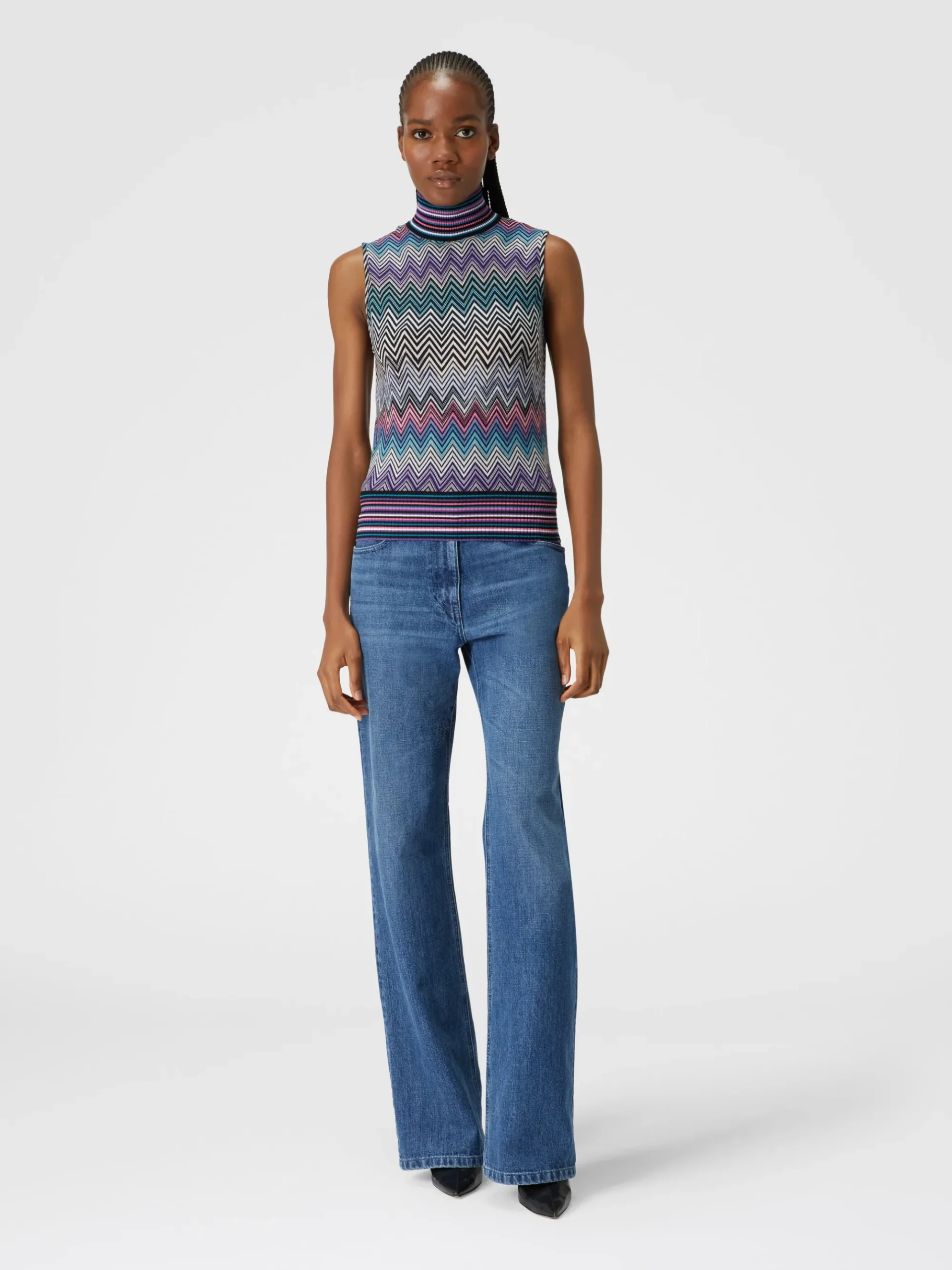 Top senza maniche a collo alto in lana zig zag