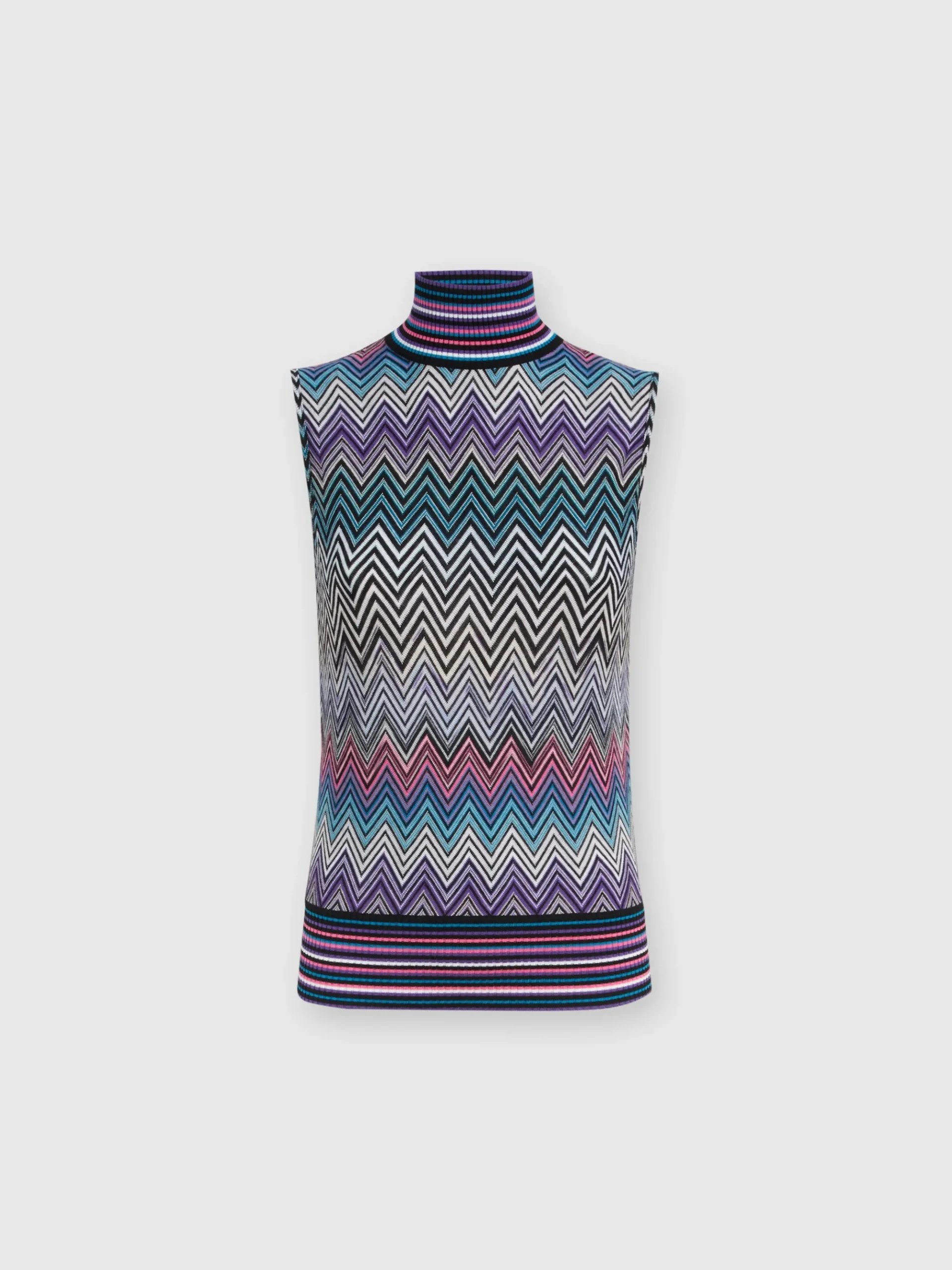 Top senza maniche a collo alto in lana zig zag