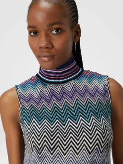 Top senza maniche a collo alto in lana zig zag