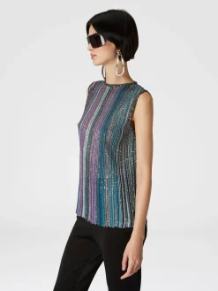 Top senza maniche svasato a costine con paillettes