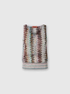 Top smanicato con motivo zig zag fiammato lamé