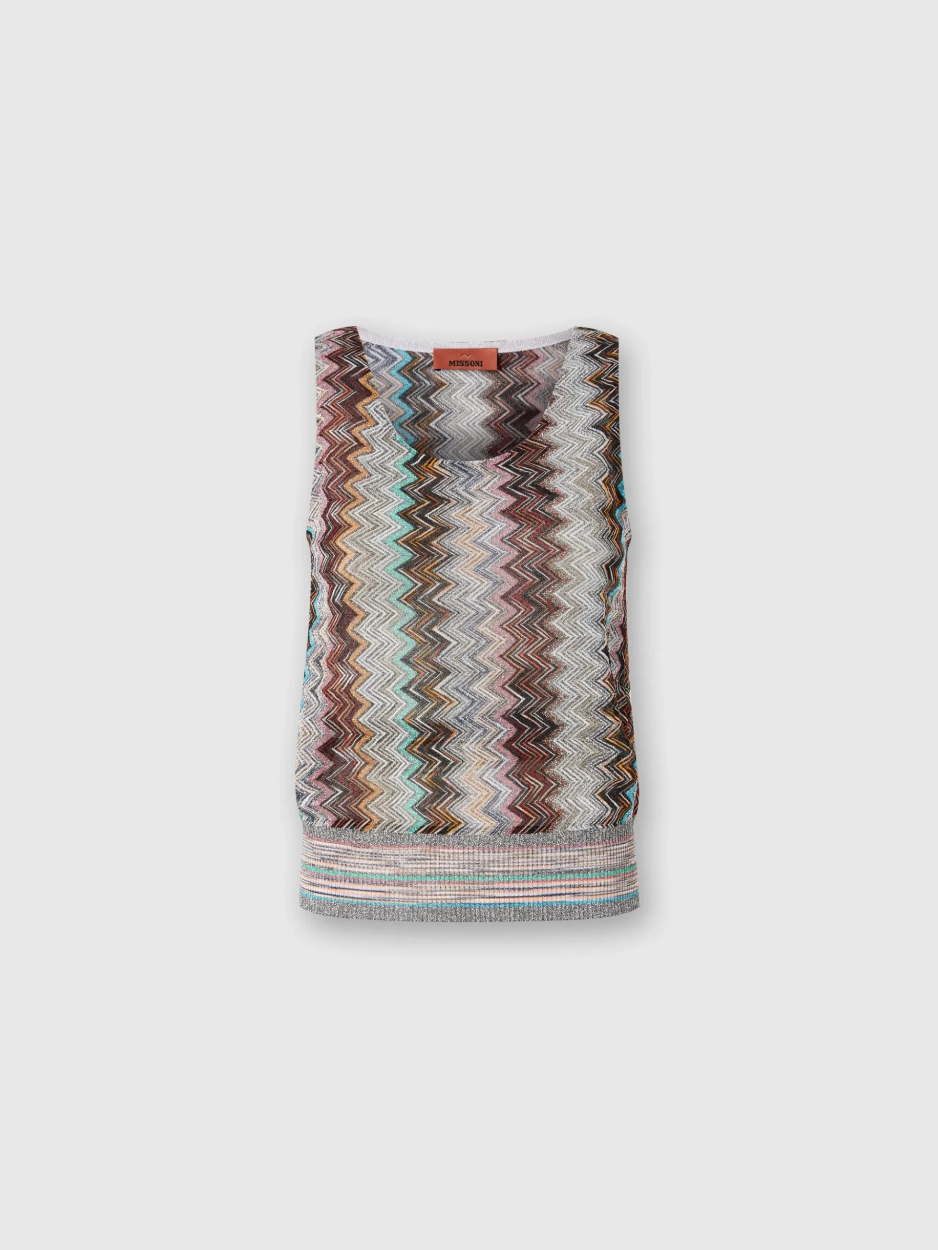 Top smanicato con motivo zig zag fiammato lamé