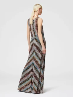 Top smanicato con motivo zig zag fiammato lamé