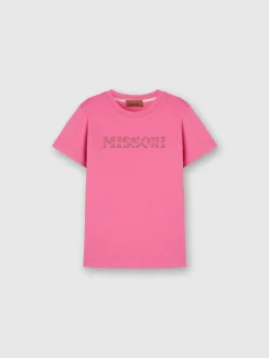 T-shirt girocollo in cotone con logo in strass