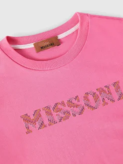 T-shirt girocollo in cotone con logo in strass