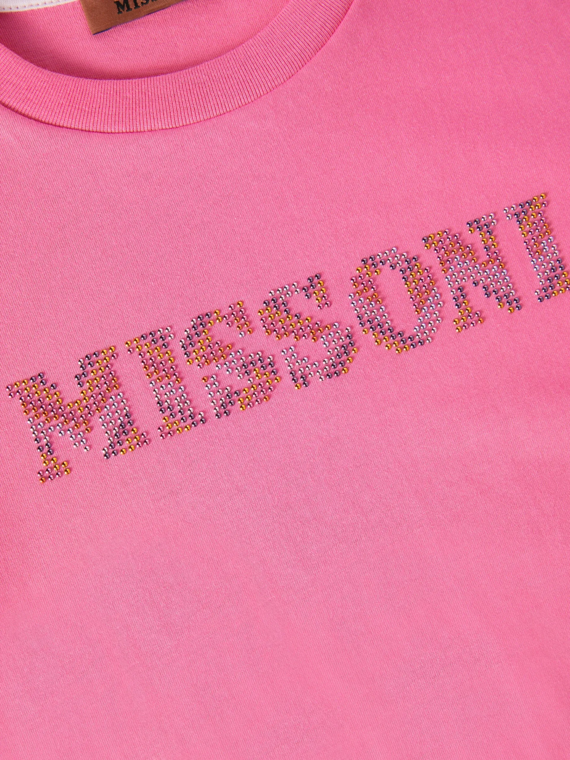 T-shirt girocollo in cotone con logo in strass