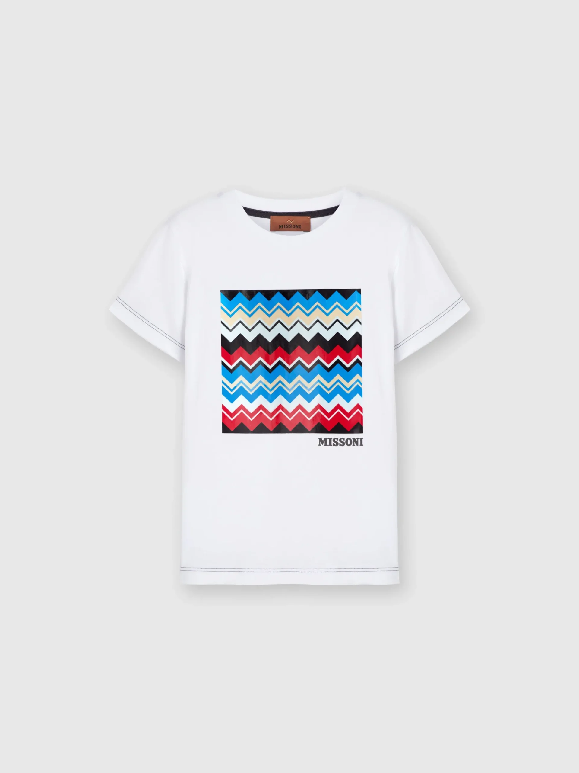 T-shirt girocollo in cotone con stampa zig zag e impunture a contrasto
