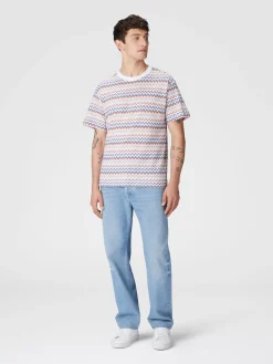 T-shirt girocollo in cotone zig zag con colletto a contrasto