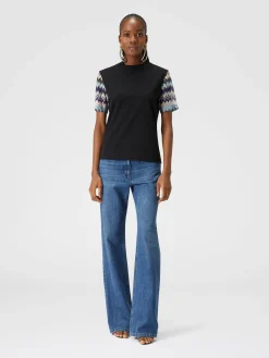 T-shirt in jersey di cotone con maniche in maglia zig zag
