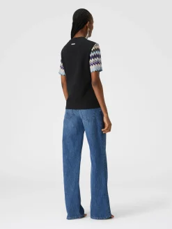 T-shirt in jersey di cotone con maniche in maglia zig zag