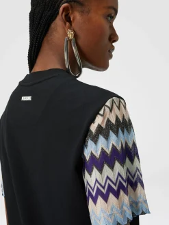 T-shirt in jersey di cotone con maniche in maglia zig zag