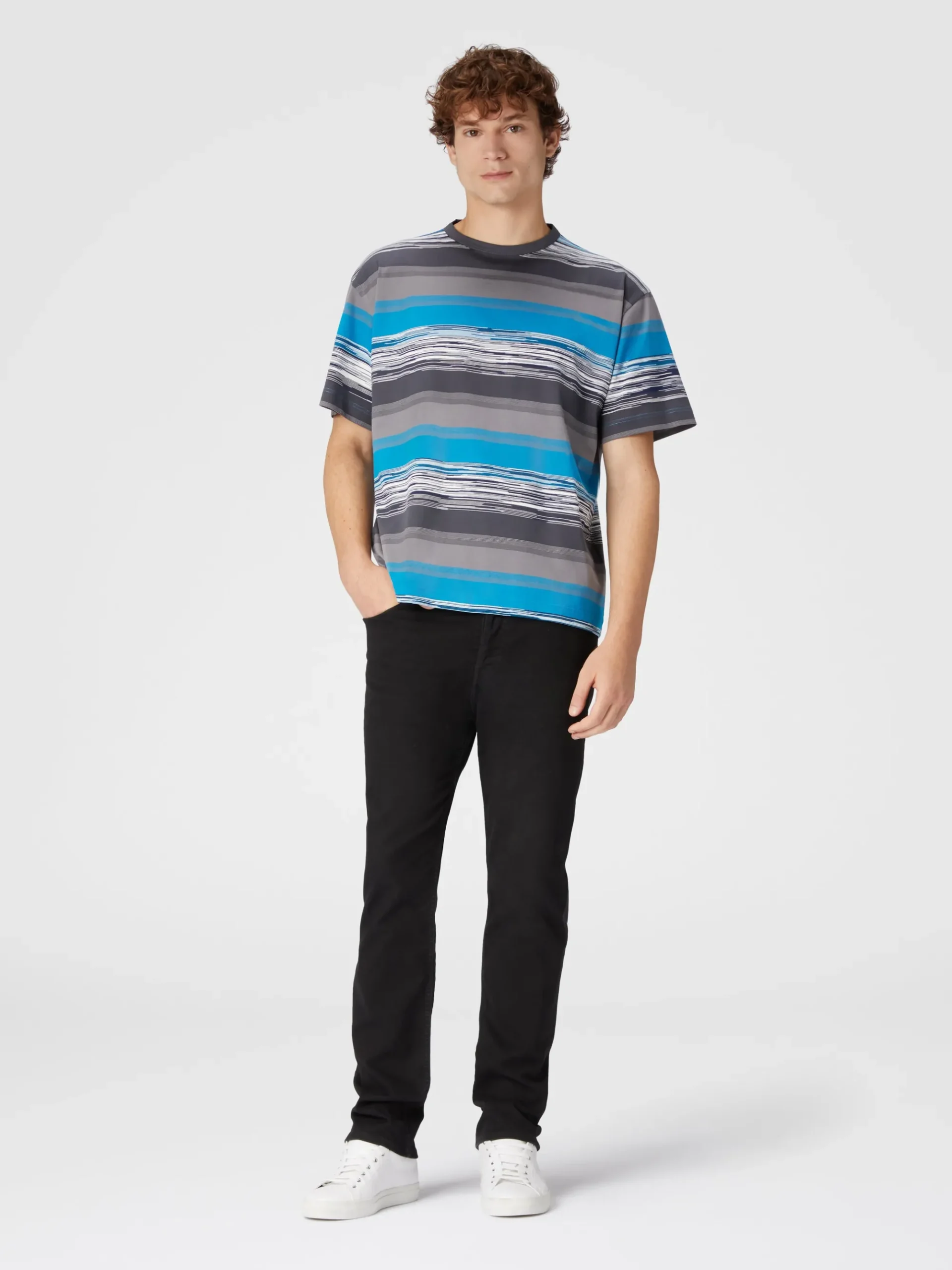 T-shirt in jersey di cotone a righe con logo