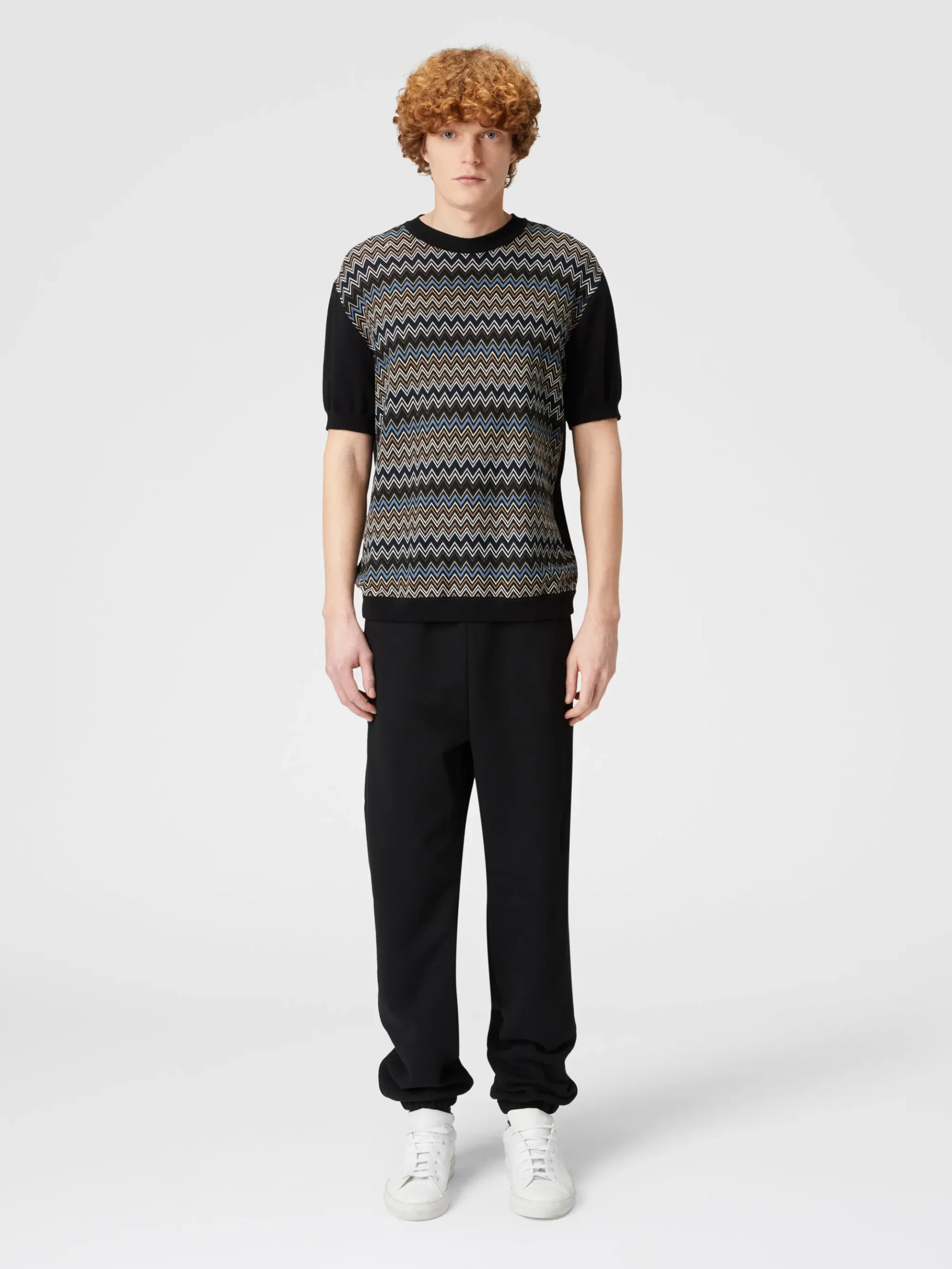 T-shirt in maglia di cotone zig zag con inserti tinta unita