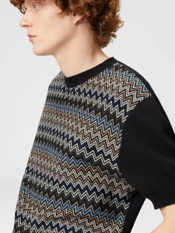 T-shirt in maglia di cotone zig zag con inserti tinta unita