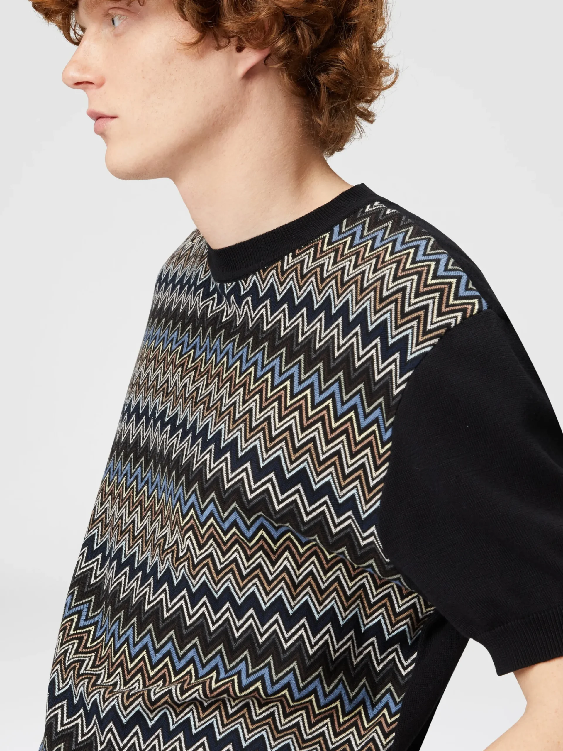T-shirt in maglia di cotone zig zag con inserti tinta unita