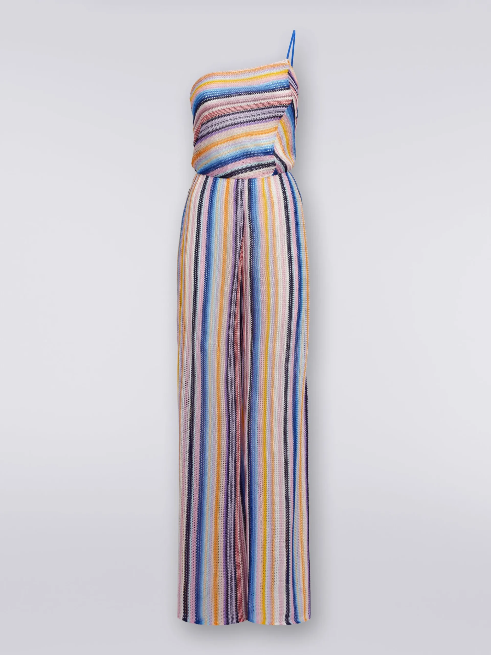 Tuta pantalone monospalla in crochet rigato
